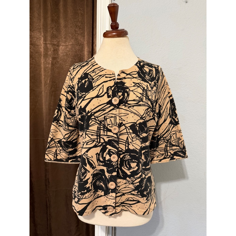 Mercer Street Studio Cotton Cardigan Sweater L Tan Black‎ Abstract Floral Button